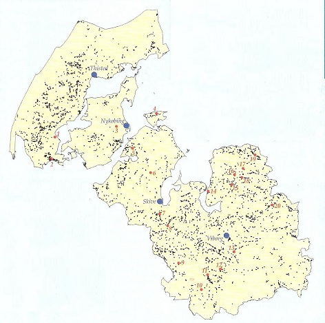 Grave hills - Map from the brochure "Gravhoje" - Kulturmiljoradet Viborg